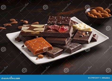 Plate Of Gourmet Chocolate Bars With Selection Of Flavors And Textures