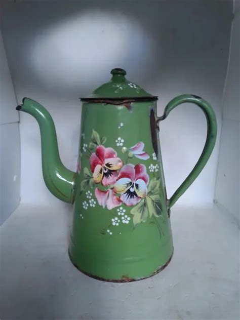 Ancienne Cafetiere Emaillee Decor Fleur Eur Picclick Fr