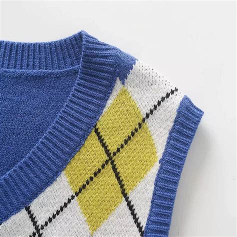 Yellow White Cropped Argyle Sweater Vest Blue Plaid Preppy Etsy