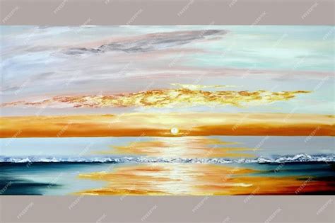 Premium Photo | A painting of a sunset over the ocean with a cloudy sky.