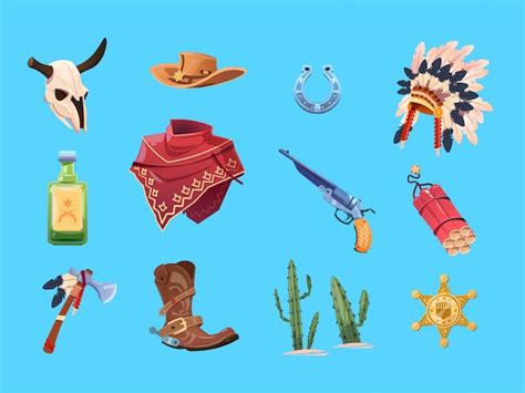 Premium Vector Wild West Cartoon Set Cowboy Boots Hat And Gun Bull