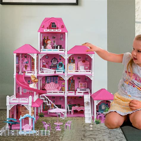 Ymrzed Doll House Dream House Furniture Pink Girl Toys 4 Story 12 Rooms With 2 Dolls Toy