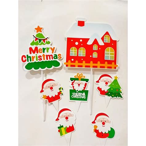 Santa Claus House Merry Christmas Paper Card Cake Topper Baking Props