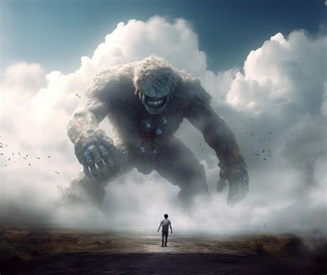 Premium AI Image | Photo facing the giant monster on the clouds humans