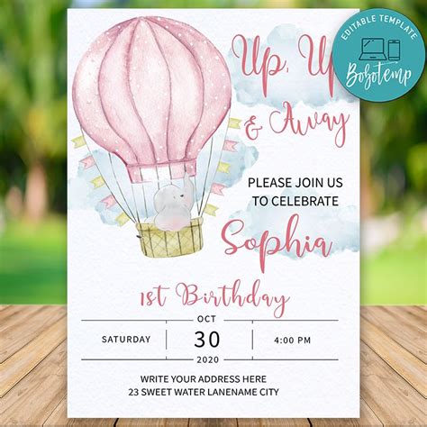 Printable Pink Hot Air Balloon 1st Birthday Invitation Diy