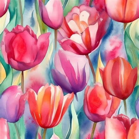 Premium AI Image | Watercolor painting of a colorful tulips.