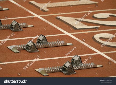 Runners Starting Blocks On Track Field Stock Photo 1314625550