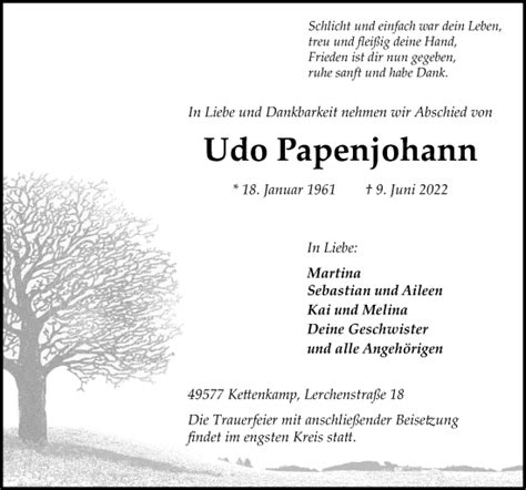 Traueranzeigen Von Udo Papenjohann Noz Trauerportal