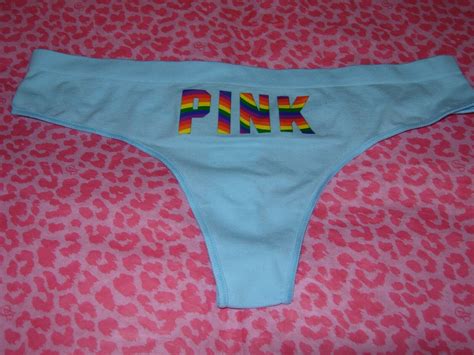 Victorias Secret Sexy Pink Thong Pantie Seamless Stretch Blue Rainbow