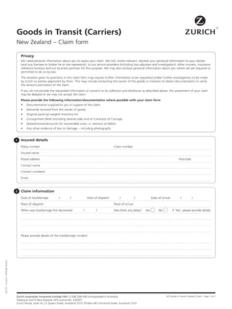 Fillable Online Goods In Transit Carriers Claim Form Zurich New