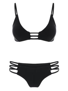 Spaghetti Straps Elastic Solid Color Bikini Set BLACK Bikinis ZAFUL