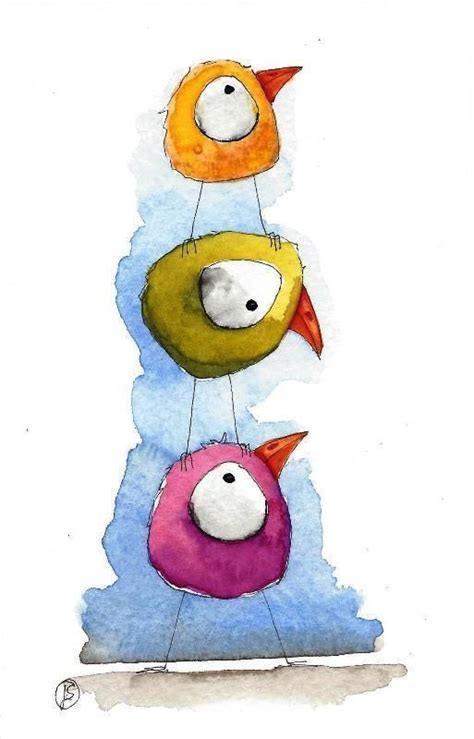 Original Watercolor Painting Lucia Stewart Whimsical Birds Having Some Fun Illustrationart