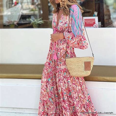 Kleider Empire Maxi Boho Sommerkleid Lang Mit Blumenmuster Pink