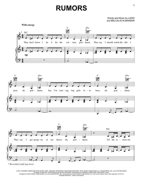 Download Lizzo "Rumors" Sheet Music for Piano, Vocal & Guitar | Chords/Lyrics PDF - 500424