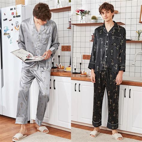 Mannen Afdrukken Zijde Pyjama Set Zijde Nachtkleding Mannen Sexy