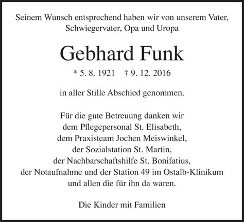 Traueranzeigen Von Gebhard Funk OstalbTrauer