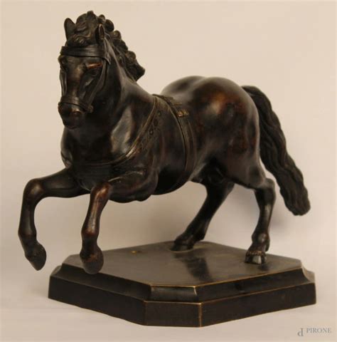 Cavallo Scultura In Bronzo Brunito Poggiante Su Base Primi 900 H