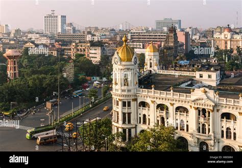 Elevated view of Kolkata skyline next to Jawaharlal Nehru Road with ...