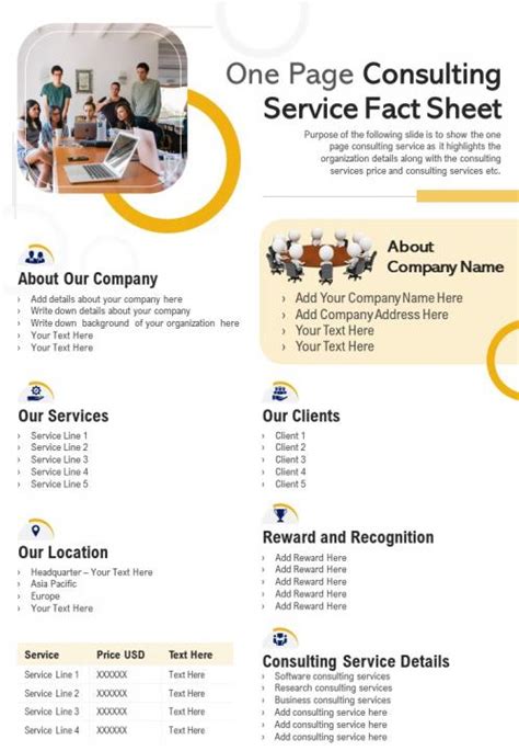 One Page Consulting Service Fact Sheet Presentation Report Infographic Ppt Pdf Document