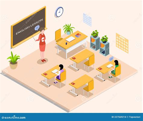 School Education Isometric With Teacher And Pupil At English Lesson