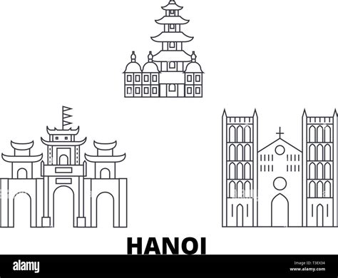Vietnam, Hanoi line travel skyline set. Vietnam, Hanoi outline city ...