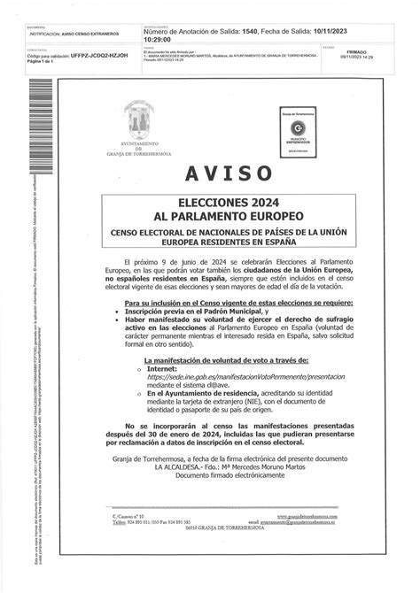 Elecciones Parlamento Europeo Ayuntamiento De Granja De Torrehermosa