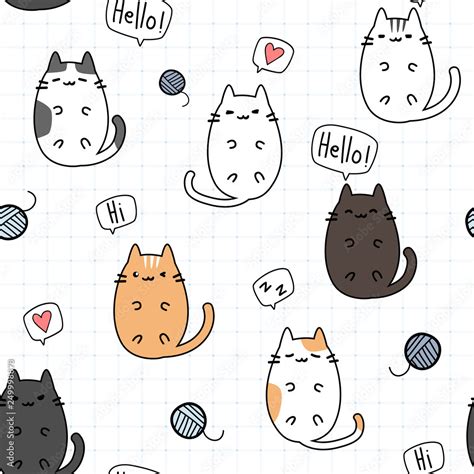 Cute adorable kawaii fat cat kitten laying down on grid cartoon doodle ...