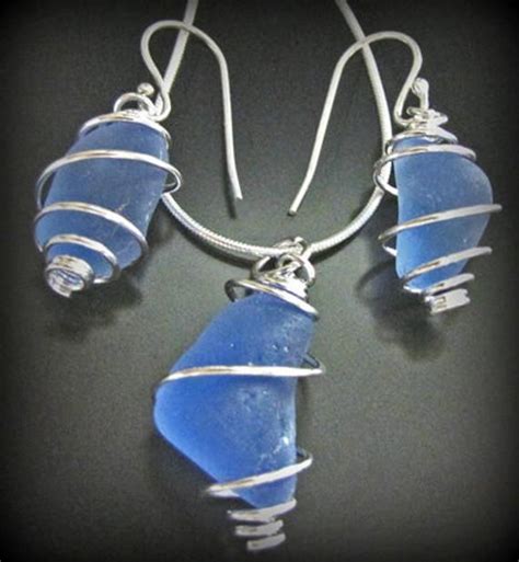 Rare Blue Sea Glass Necklace And Earrings Jewelry Set Genuine Beach Combed Cornflower Blue