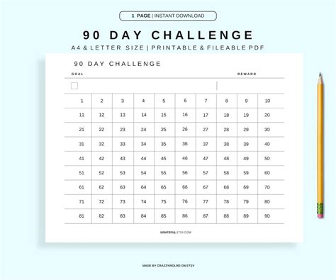 90 Day Challenge Printable Landscape, Goal Setting, Progress Tracker ...