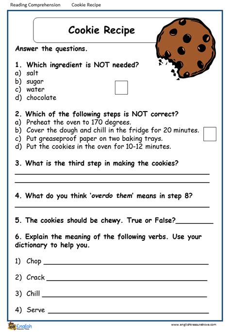 Cookie Recipe English Comprehension Worksheet English Treasure Trove