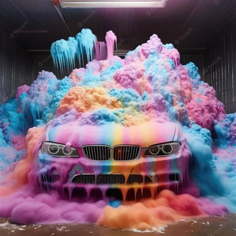 Premium Ai Image Car Wash With Rainbow Foam Car Wash Unrealistic Concept Generative Ai