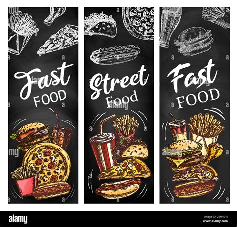 Fast Food Menu Blackboard With Meal And Drink Chalk Sketches Vector