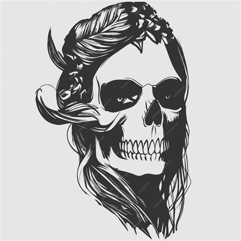 Premium Vector Feminine Skull Tattoo Hand Drawn Vector Black And