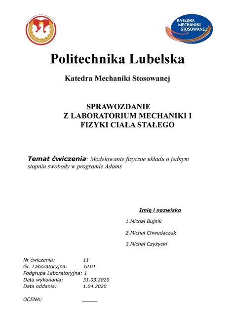 Sprawozdanie Politechnika Lubelska Katedra Mechaniki Stosowanej