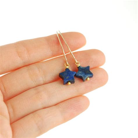 Navy Blue Star Earrings Lapis Lazuli Gold Dangle Earrings Etsy