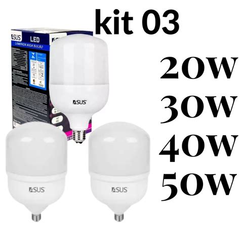 Kit 3 Lampadas Led Super Bulbo 20w 30w 40w 50w ASUS E27 Bivolt 6500K