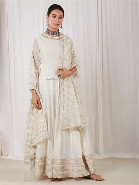 Buy Off White Embroidered Chanderi Top With Cotton Skirt And Dupatta