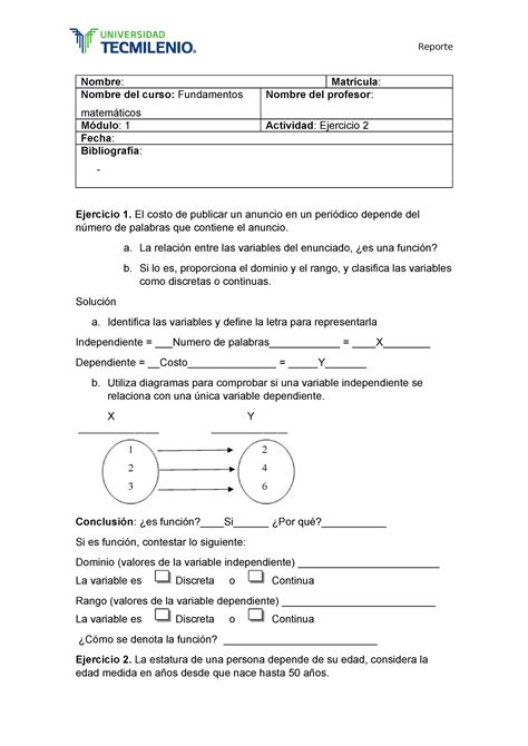 Ejercicio Fundamentos Matematicos Tecmilenio Nombre Matr Cula