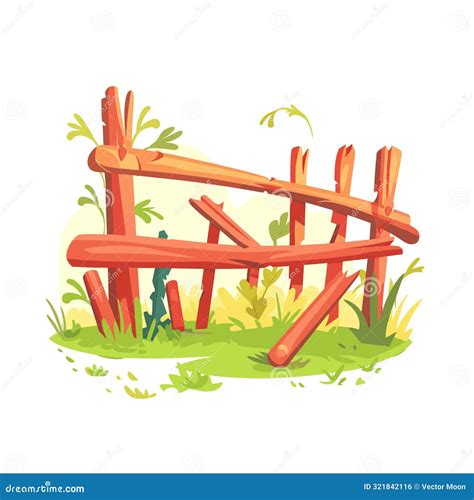Broken Wooden Fence Cartoon Style Grassy Background. Damaged Fence