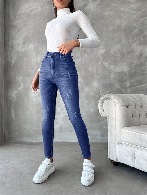 Cottnline Jeans Ajustados Con Rasguños De Gato De Cintura Alta Mode