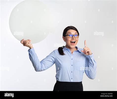 Lady Holding Speech Bubble Pointing Finger Up White Background Mockup