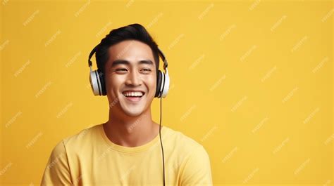 Premium Ai Image Happy Handsome Asian Man Listening To Music On