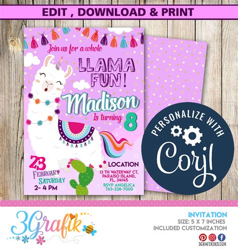 A Whole Llama Fun Invitation Editable Invitation Party Supplies