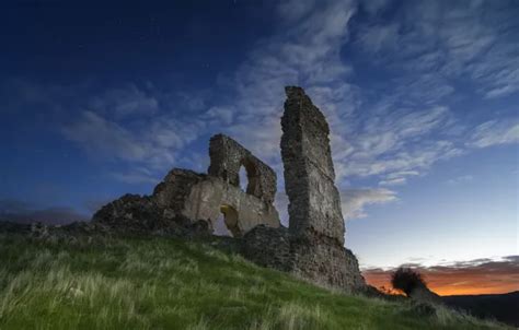 Wallpaper Grass Twilight Sky Clouds Stars Stones Ruins For Mobile