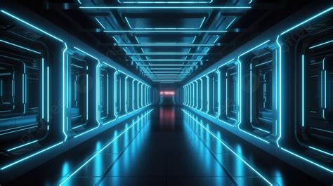 Lorong Animasi Dengan Lampu Neon 3d Merender Koridor Scifi Gelap