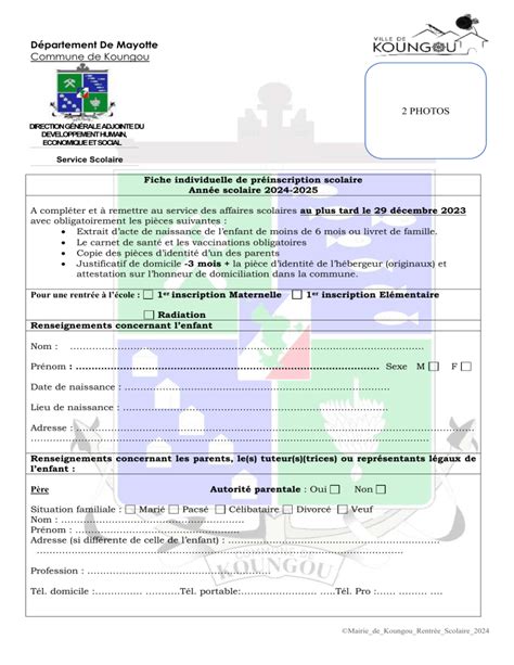 Fiche Préinscription Scolaire 2024 2025