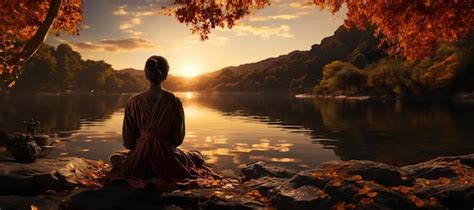 Premium AI Image | Buddhist monk in meditation by a tranquil river Generated with AI