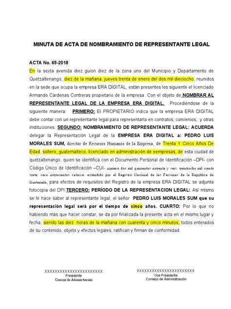 Modelo De Acta De Representante Legal Pdf Guatemala