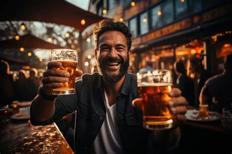 Freudiger mann hält zwei gläser bier in den händen und bietet zu