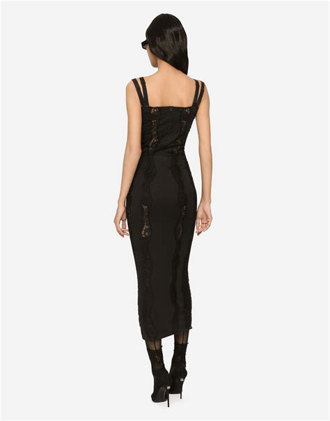 Jersey Calf Length Dress With Lace Inserts In Black For Women Dolce